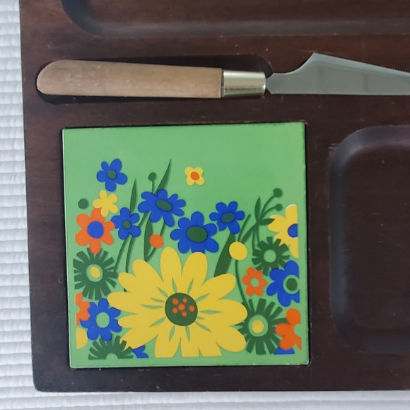 Cheese Cracker Board Imperial MCM Floral Mod Hand Carved Hard Wood Japan 14.5" - Picture 4 of 9